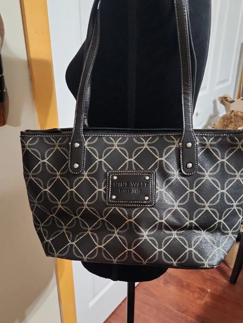 Nine West Black Tote with Cream Geometric Stitching